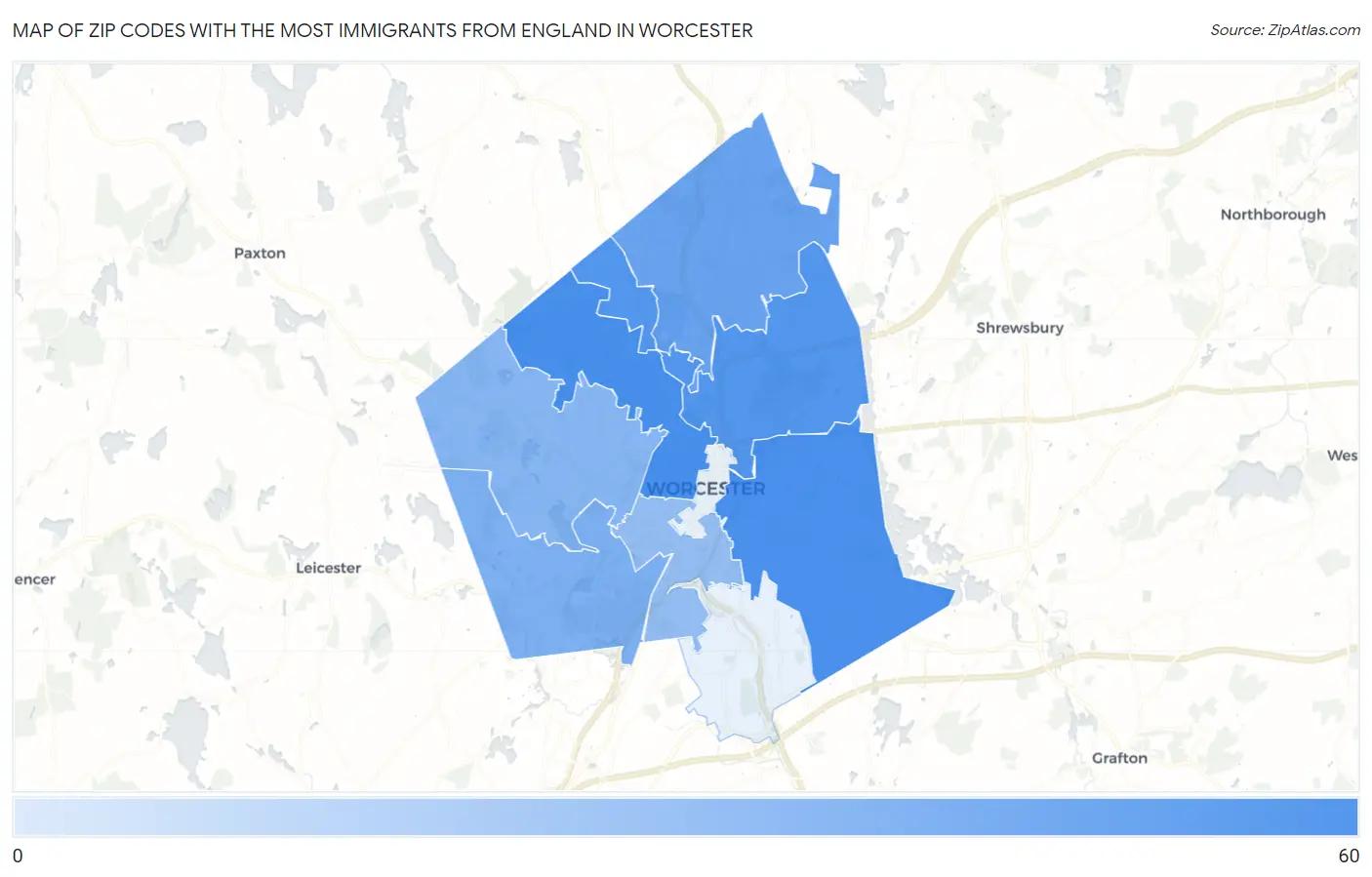 Zip Codes with the Most Immigrants from England in Worcester Map