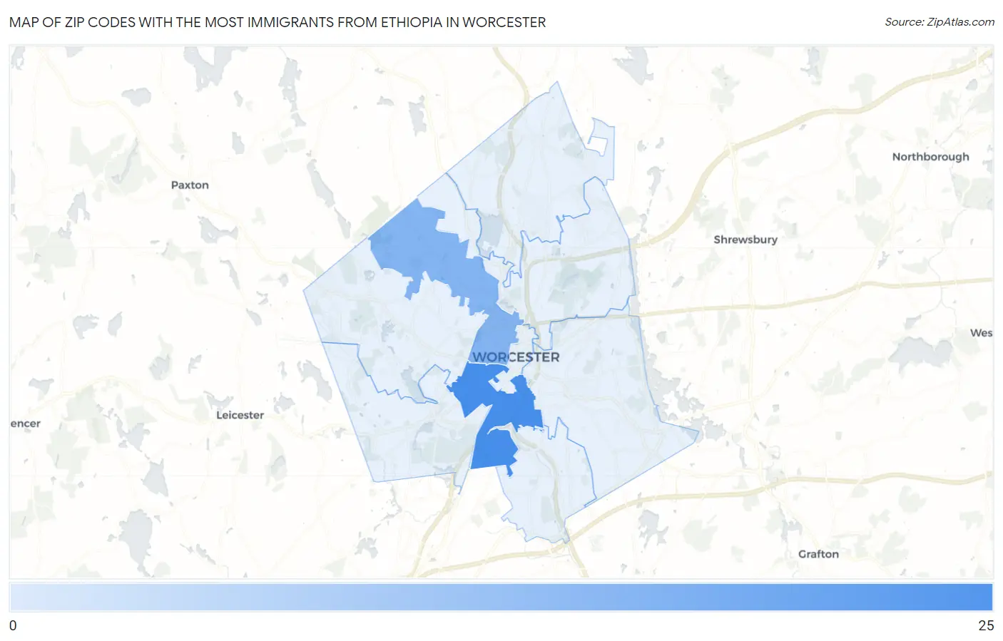 Zip Codes with the Most Immigrants from Ethiopia in Worcester Map