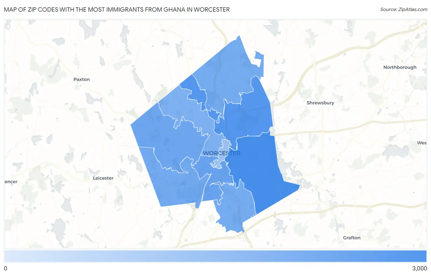 Zip Codes with the Most Immigrants from Ghana in Worcester Map