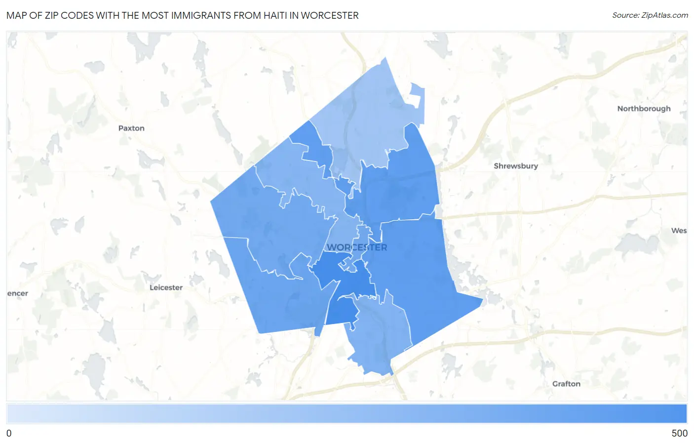 Zip Codes with the Most Immigrants from Haiti in Worcester Map