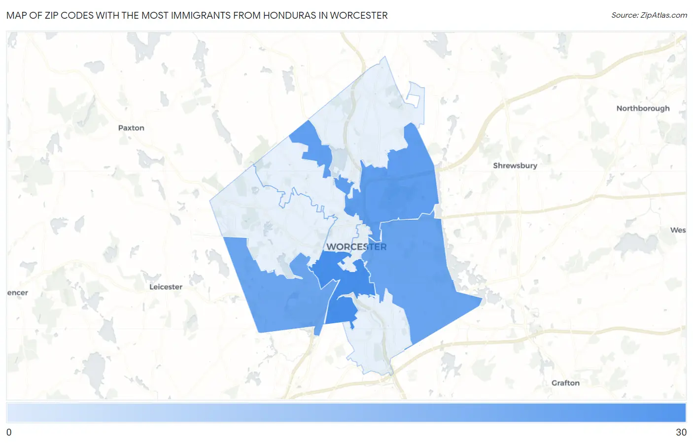 Zip Codes with the Most Immigrants from Honduras in Worcester Map