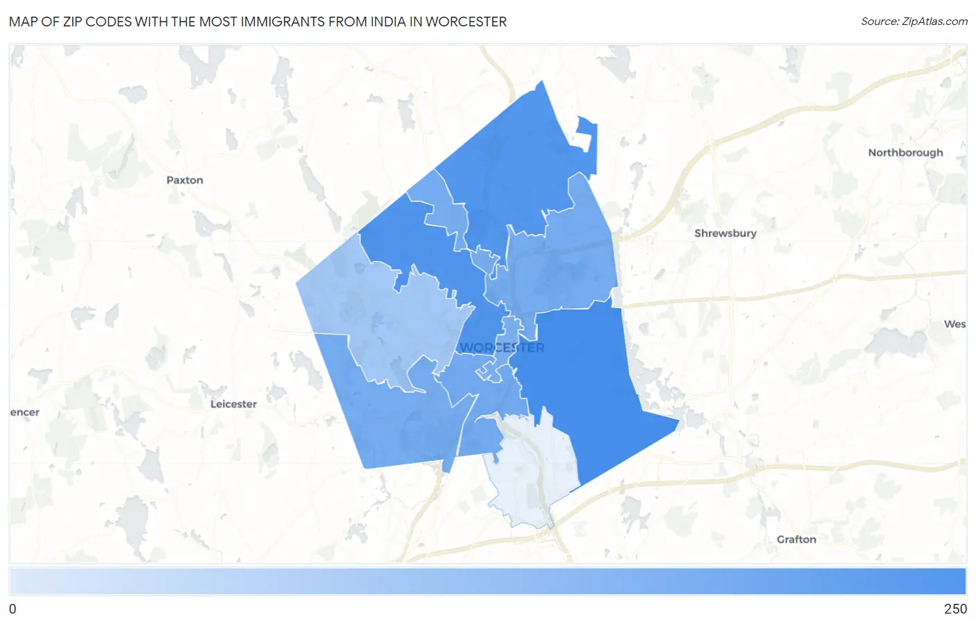 Zip Codes with the Most Immigrants from India in Worcester Map