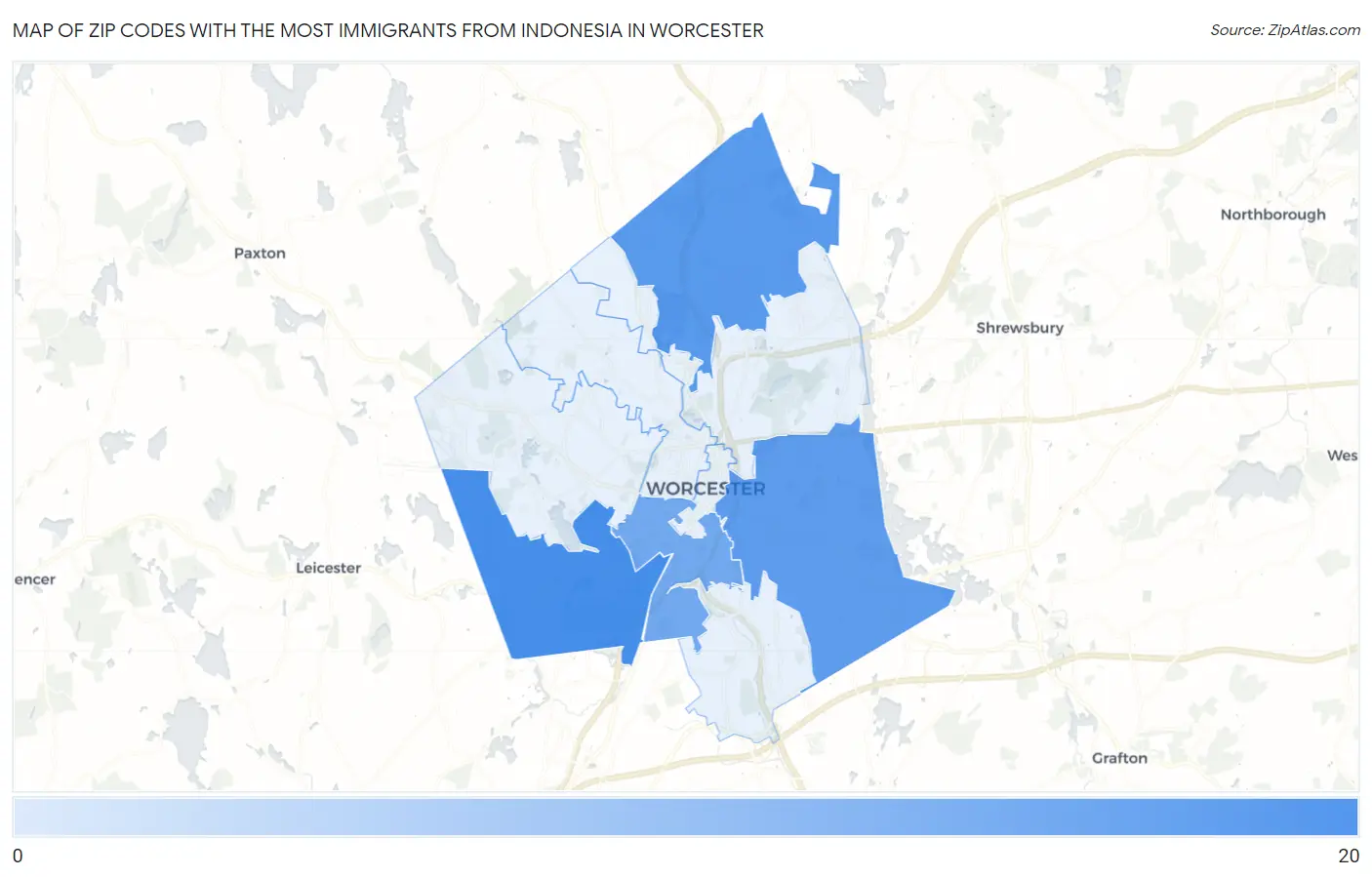 Zip Codes with the Most Immigrants from Indonesia in Worcester Map