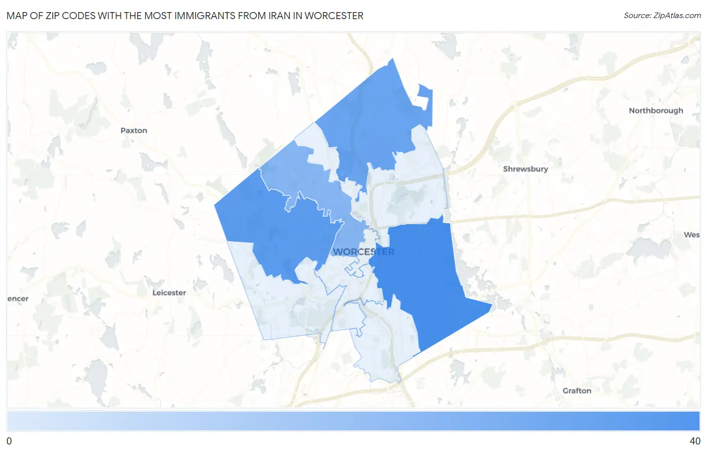 Zip Codes with the Most Immigrants from Iran in Worcester Map