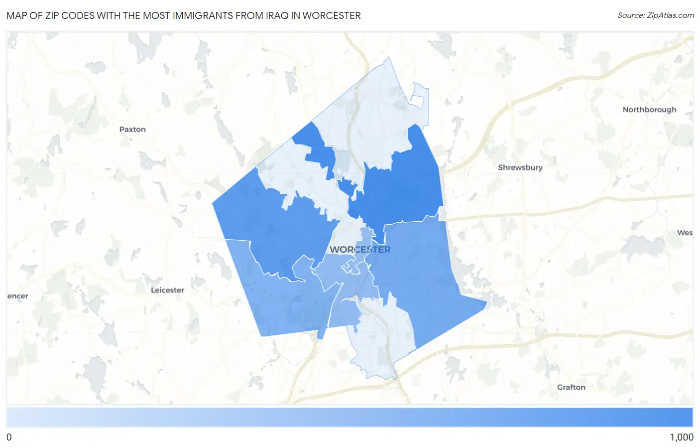 Zip Codes with the Most Immigrants from Iraq in Worcester Map