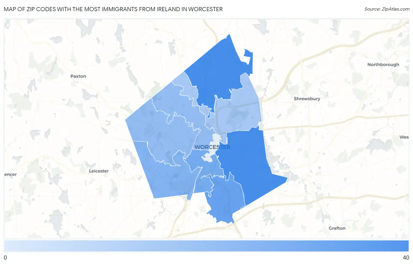 Zip Codes with the Most Immigrants from Ireland in Worcester Map