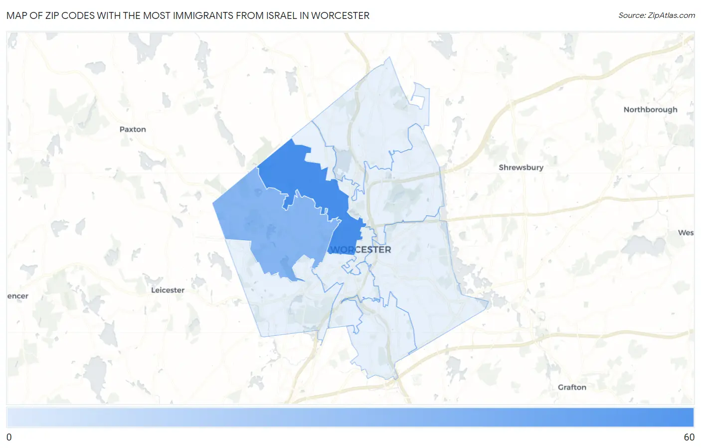 Zip Codes with the Most Immigrants from Israel in Worcester Map