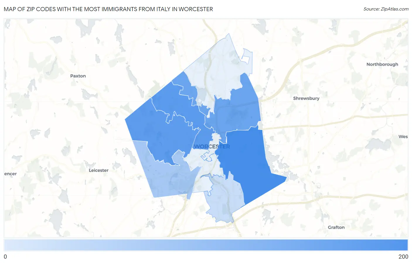 Zip Codes with the Most Immigrants from Italy in Worcester Map