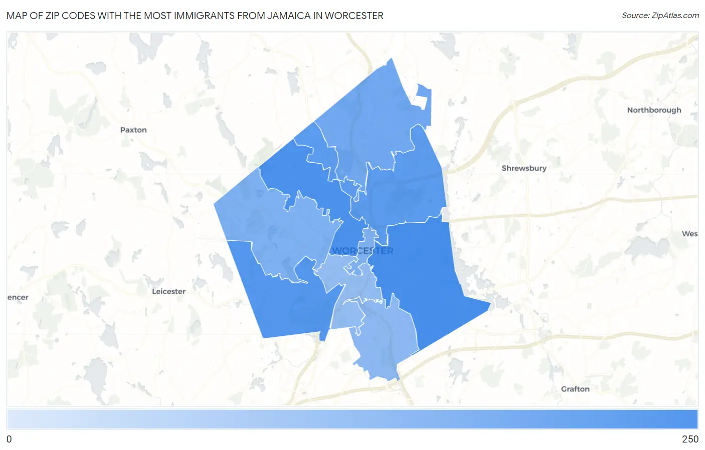 Zip Codes with the Most Immigrants from Jamaica in Worcester Map