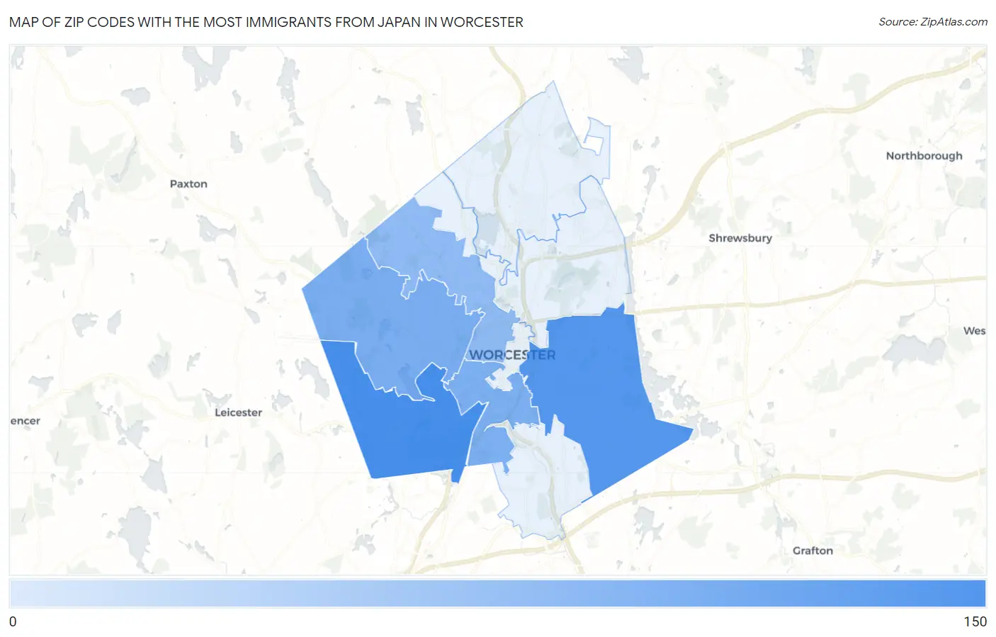 Zip Codes with the Most Immigrants from Japan in Worcester Map