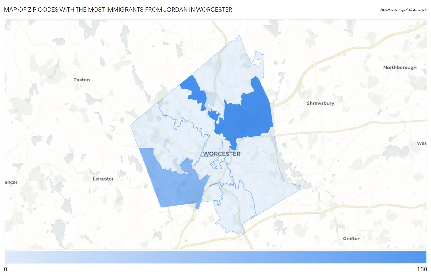 Zip Codes with the Most Immigrants from Jordan in Worcester Map