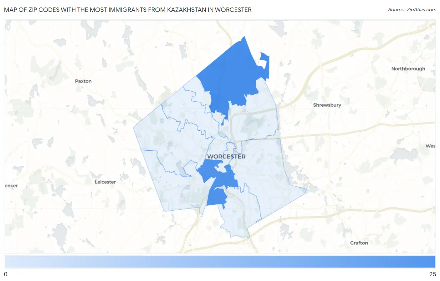 Zip Codes with the Most Immigrants from Kazakhstan in Worcester Map