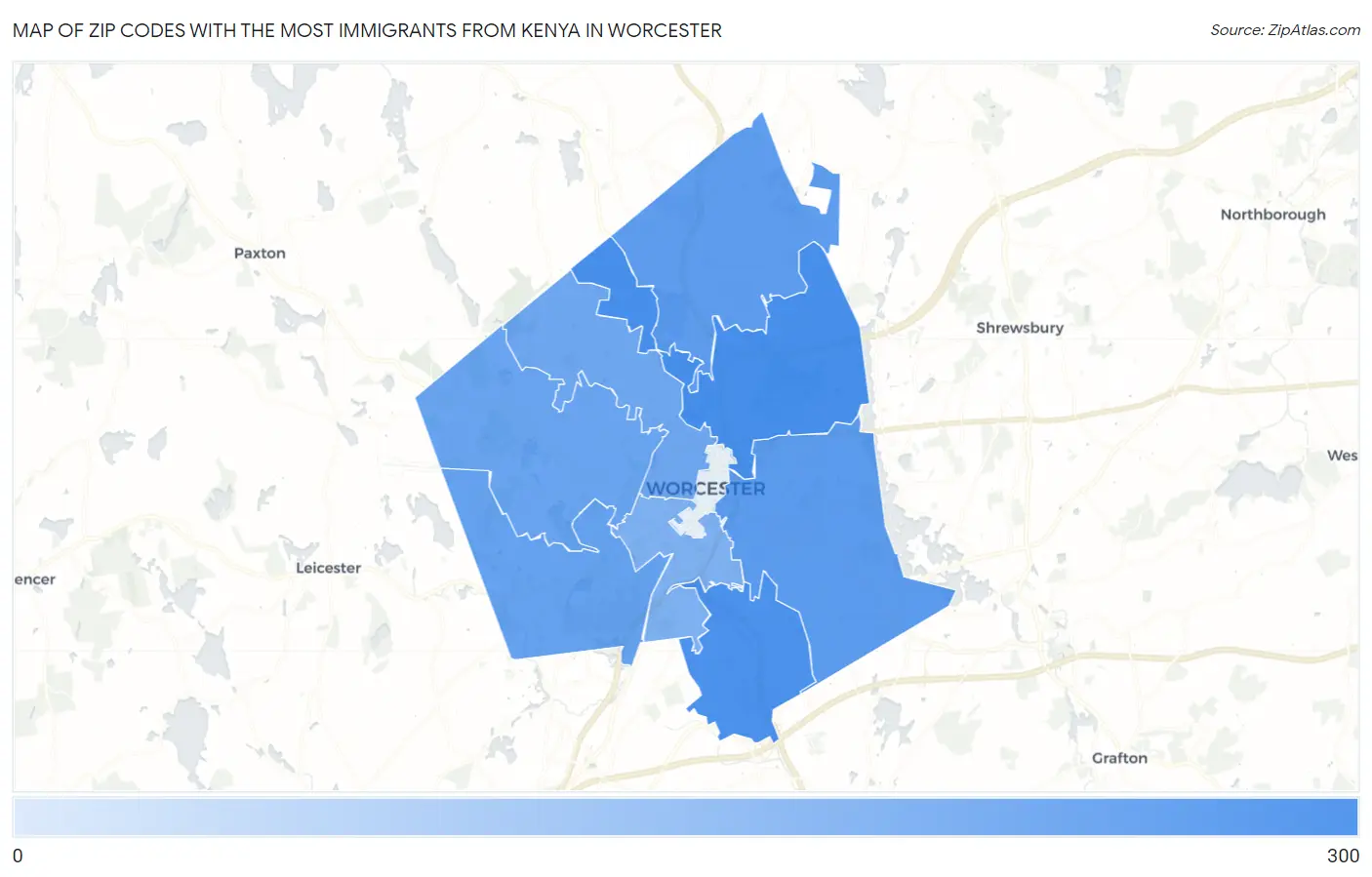 Zip Codes with the Most Immigrants from Kenya in Worcester Map
