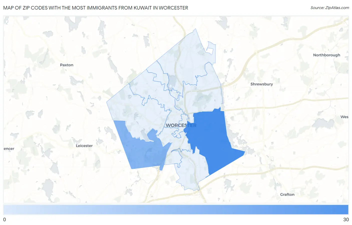 Zip Codes with the Most Immigrants from Kuwait in Worcester Map