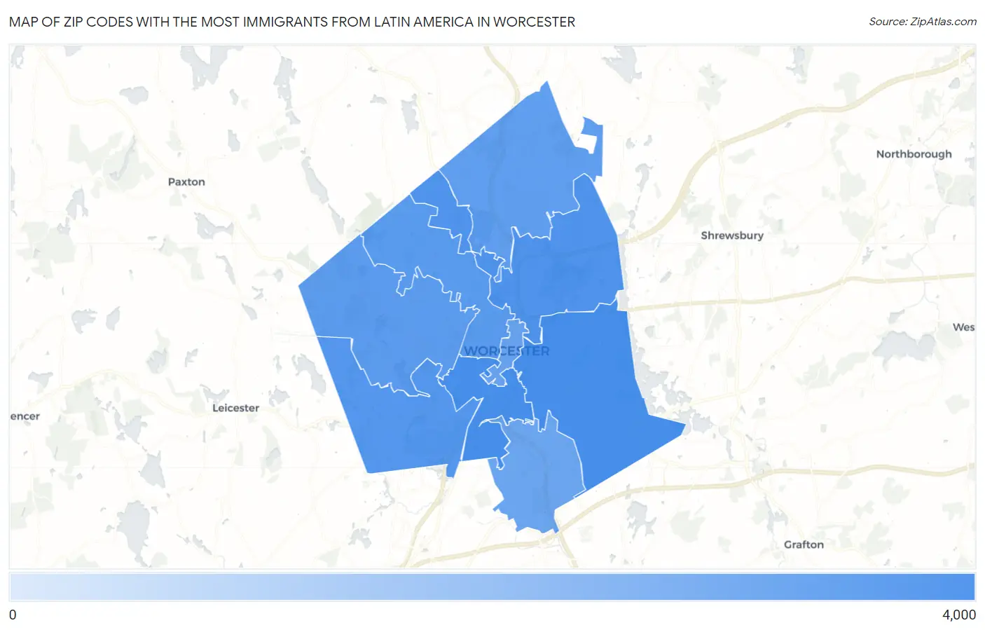 Zip Codes with the Most Immigrants from Latin America in Worcester Map