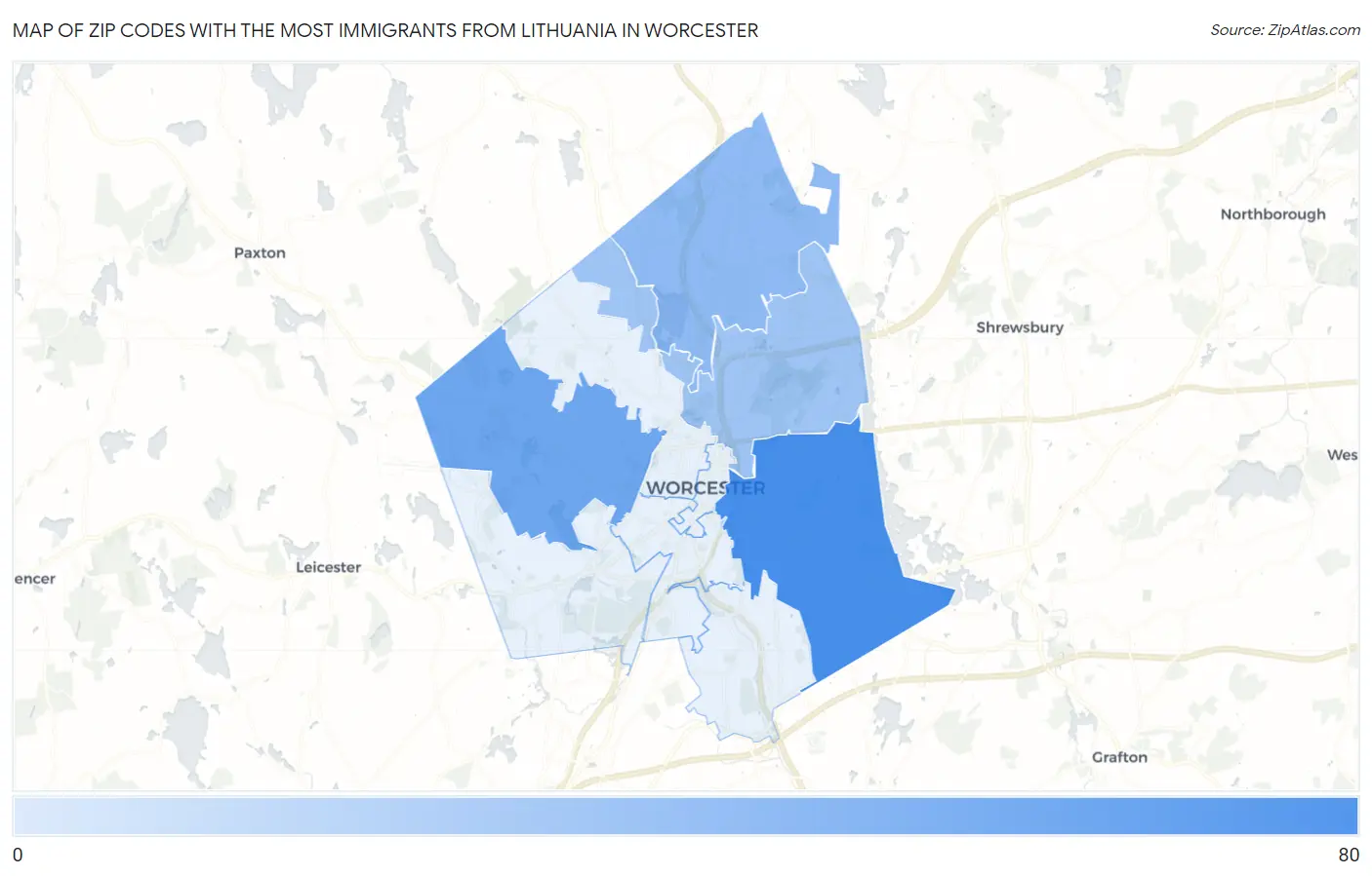 Zip Codes with the Most Immigrants from Lithuania in Worcester Map