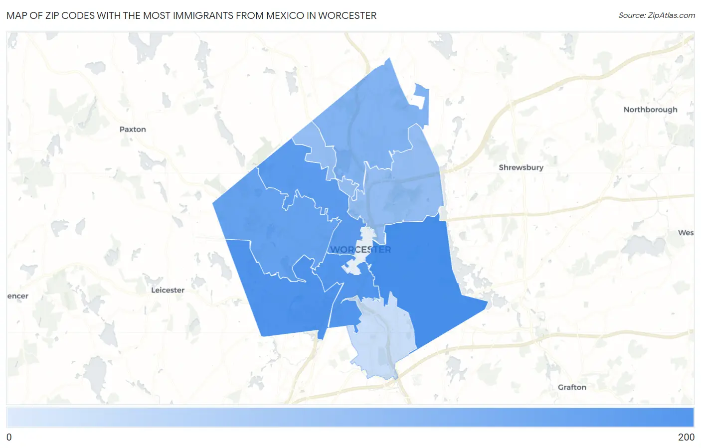 Zip Codes with the Most Immigrants from Mexico in Worcester Map