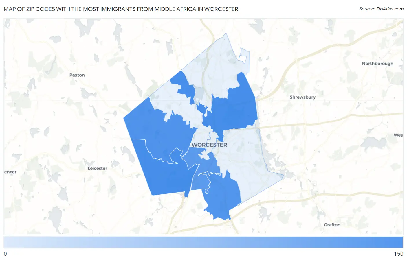Zip Codes with the Most Immigrants from Middle Africa in Worcester Map