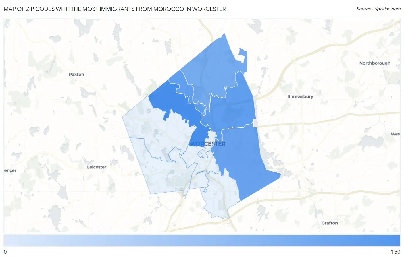 Zip Codes with the Most Immigrants from Morocco in Worcester Map