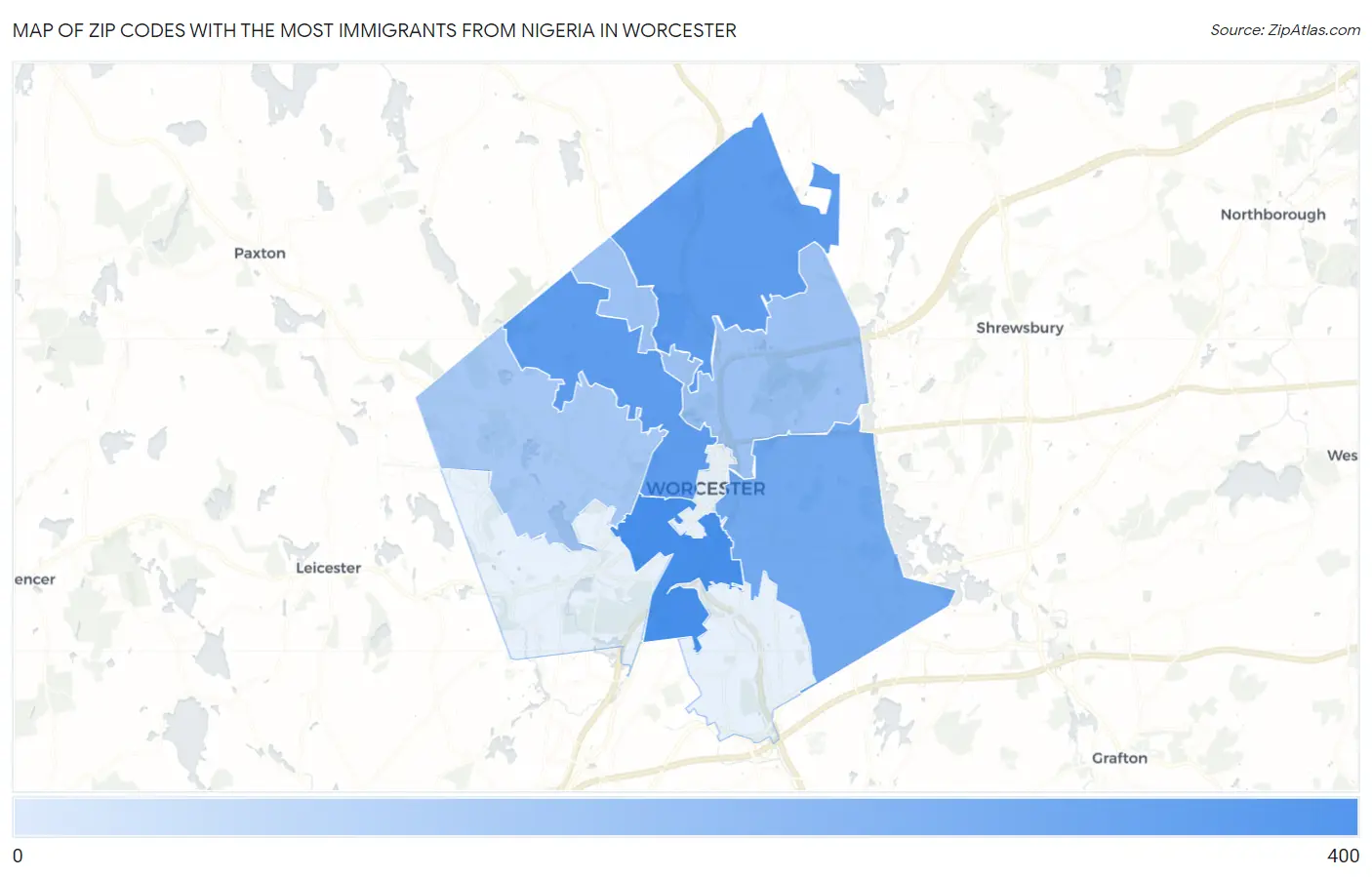 Zip Codes with the Most Immigrants from Nigeria in Worcester Map