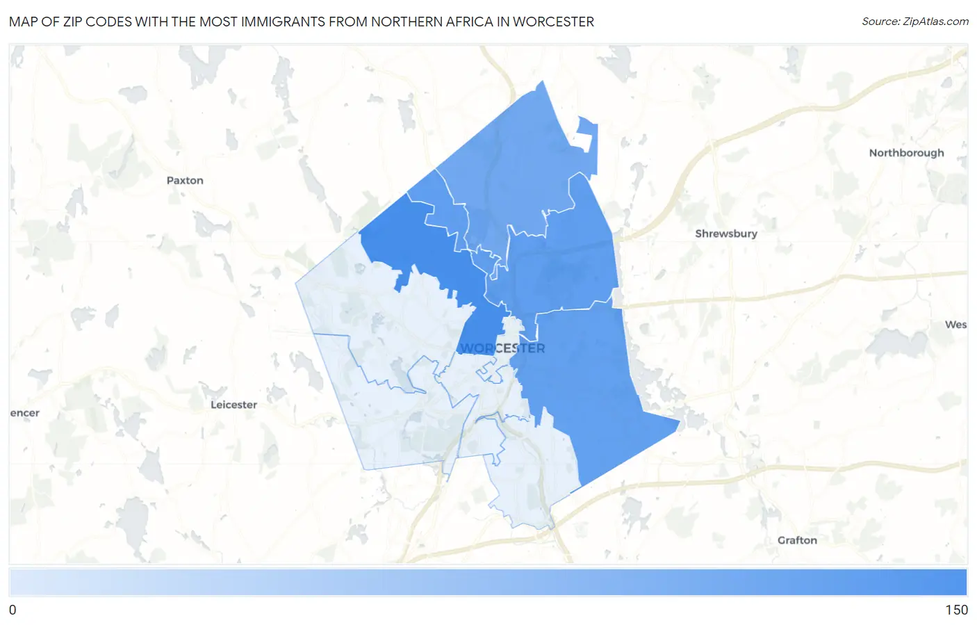 Zip Codes with the Most Immigrants from Northern Africa in Worcester Map