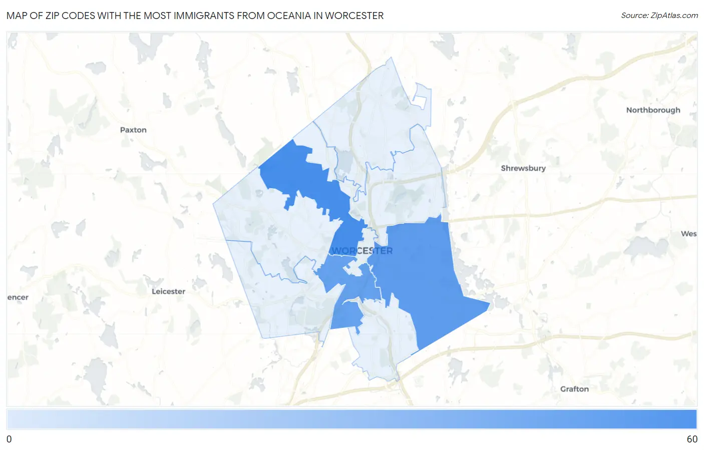 Zip Codes with the Most Immigrants from Oceania in Worcester Map
