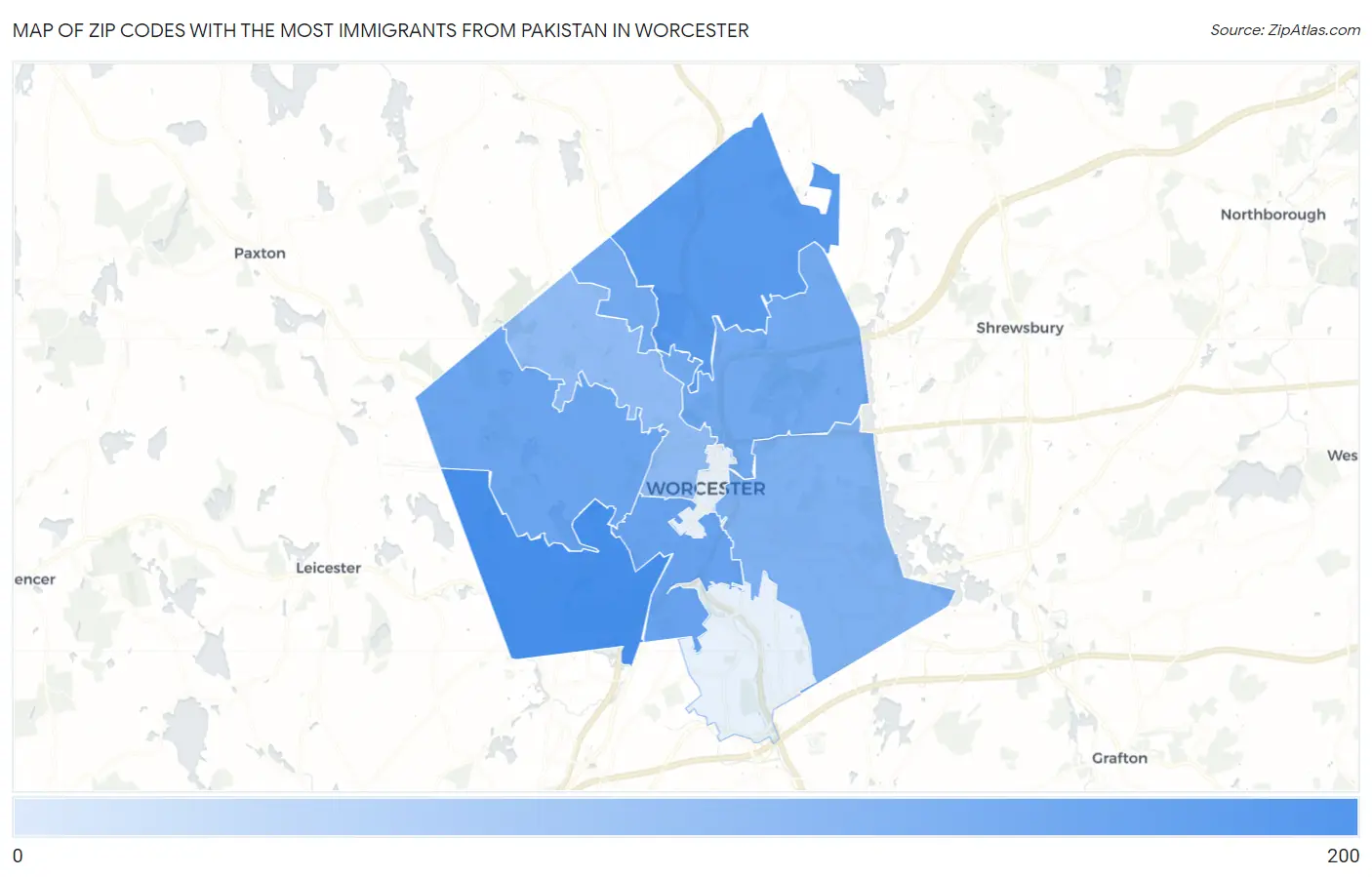 Zip Codes with the Most Immigrants from Pakistan in Worcester Map