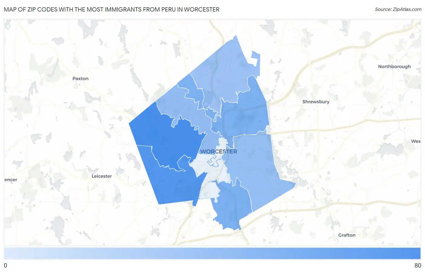 Zip Codes with the Most Immigrants from Peru in Worcester Map