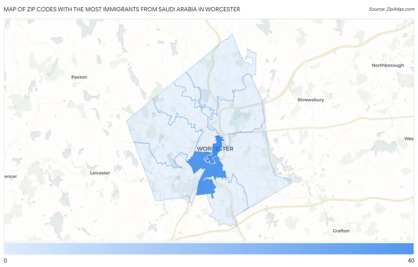 Zip Codes with the Most Immigrants from Saudi Arabia in Worcester Map