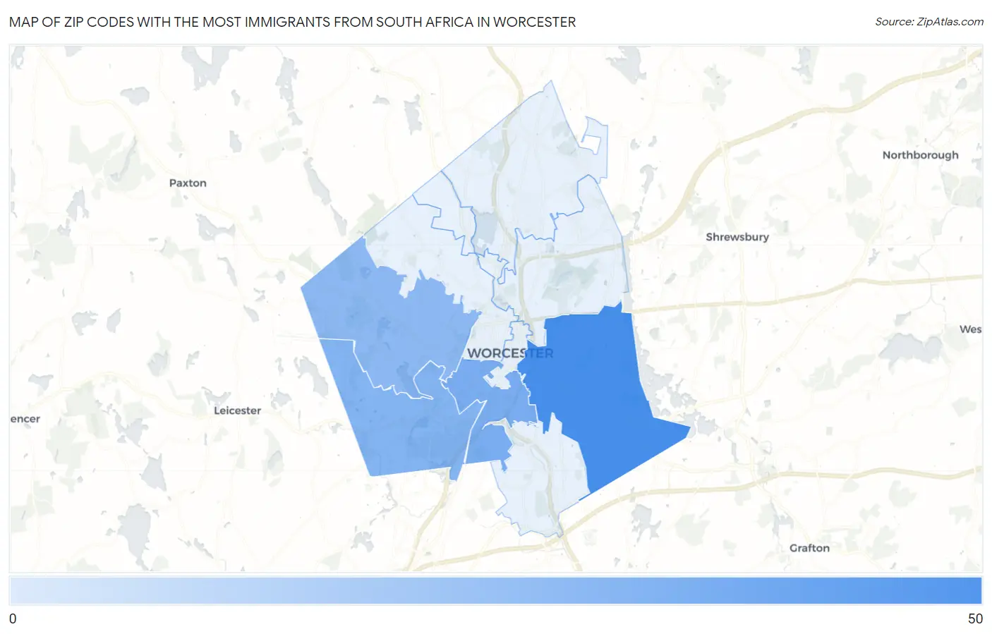 Zip Codes with the Most Immigrants from South Africa in Worcester Map