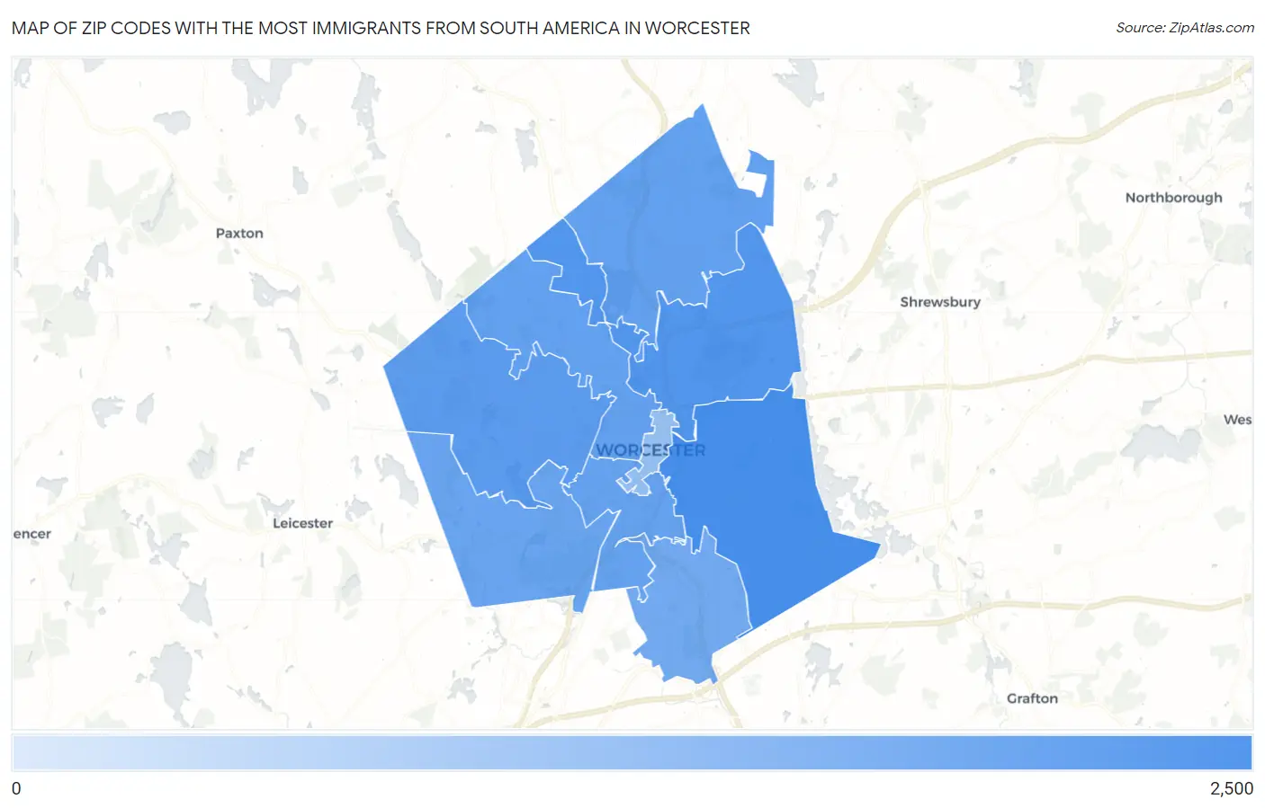 Zip Codes with the Most Immigrants from South America in Worcester Map