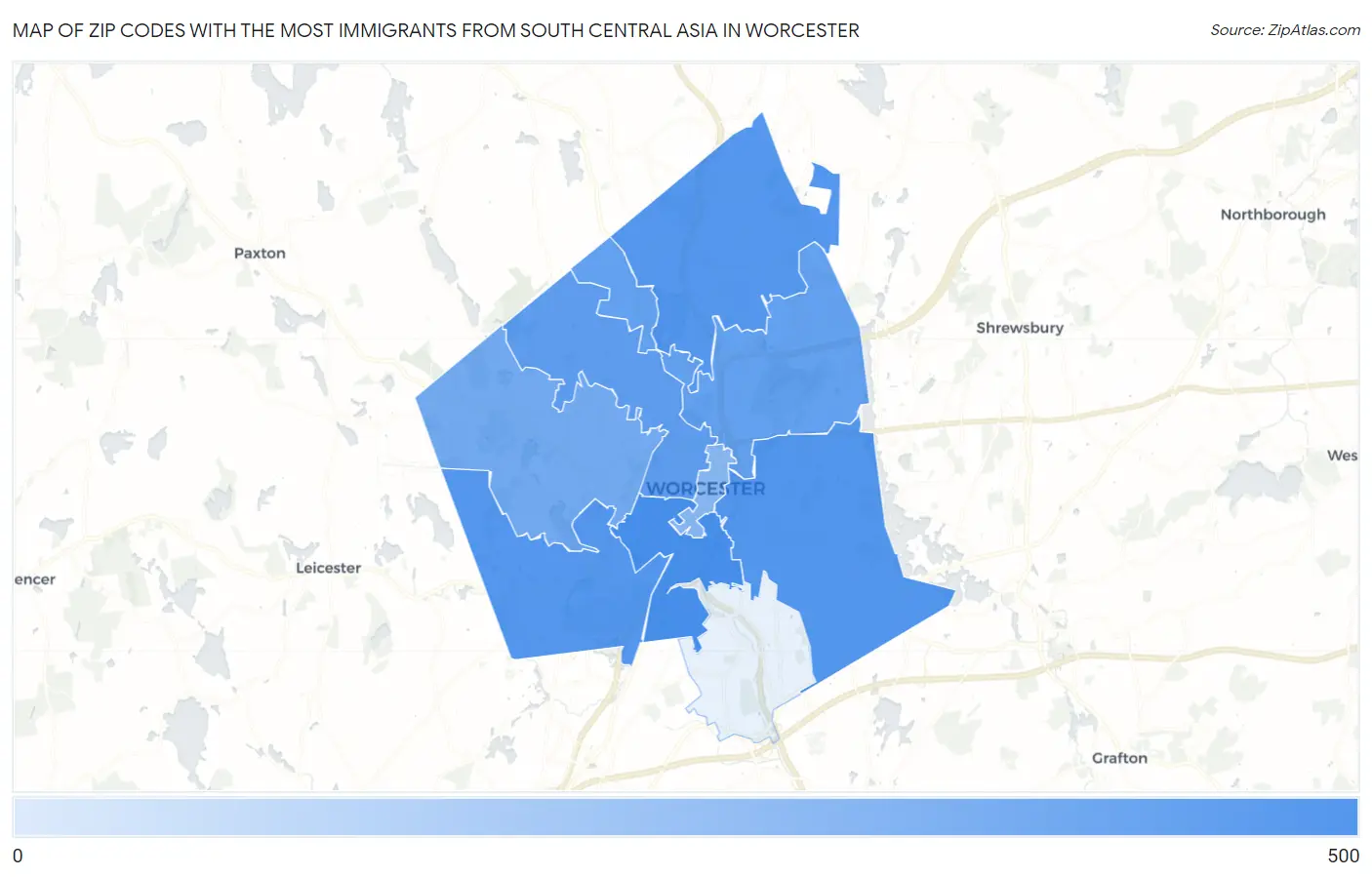 Zip Codes with the Most Immigrants from South Central Asia in Worcester Map