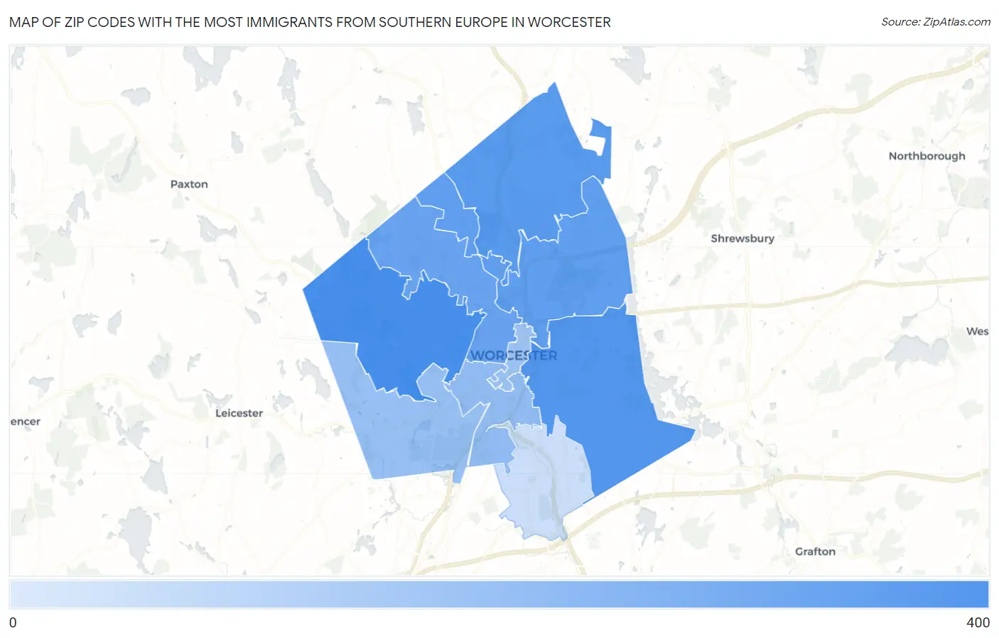 Zip Codes with the Most Immigrants from Southern Europe in Worcester Map