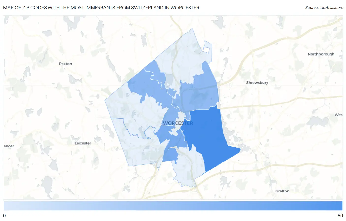 Zip Codes with the Most Immigrants from Switzerland in Worcester Map