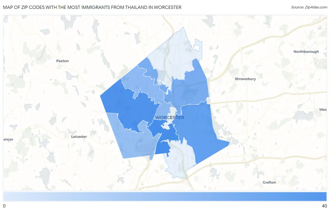 Zip Codes with the Most Immigrants from Thailand in Worcester Map