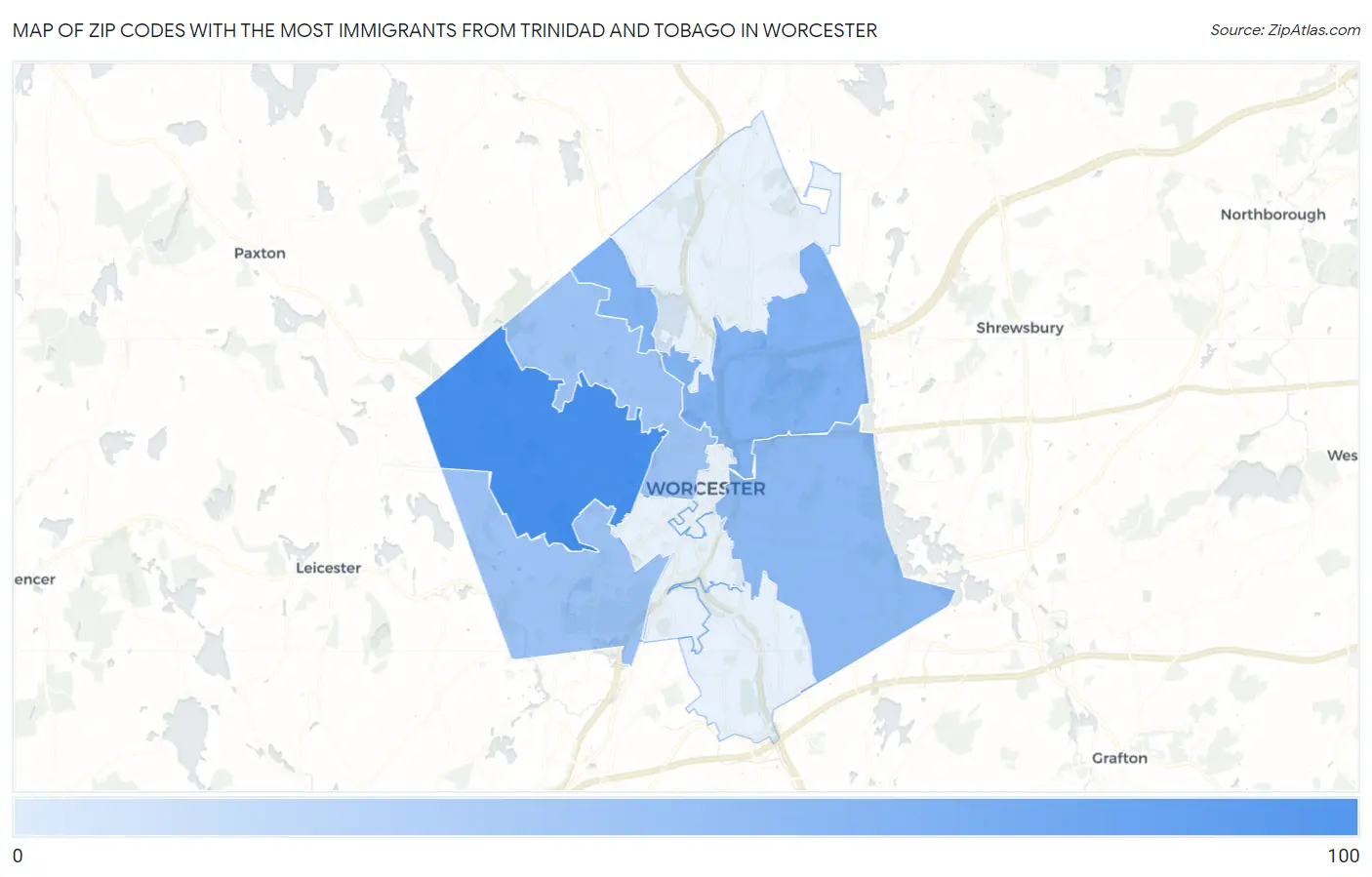 Zip Codes with the Most Immigrants from Trinidad and Tobago in Worcester Map