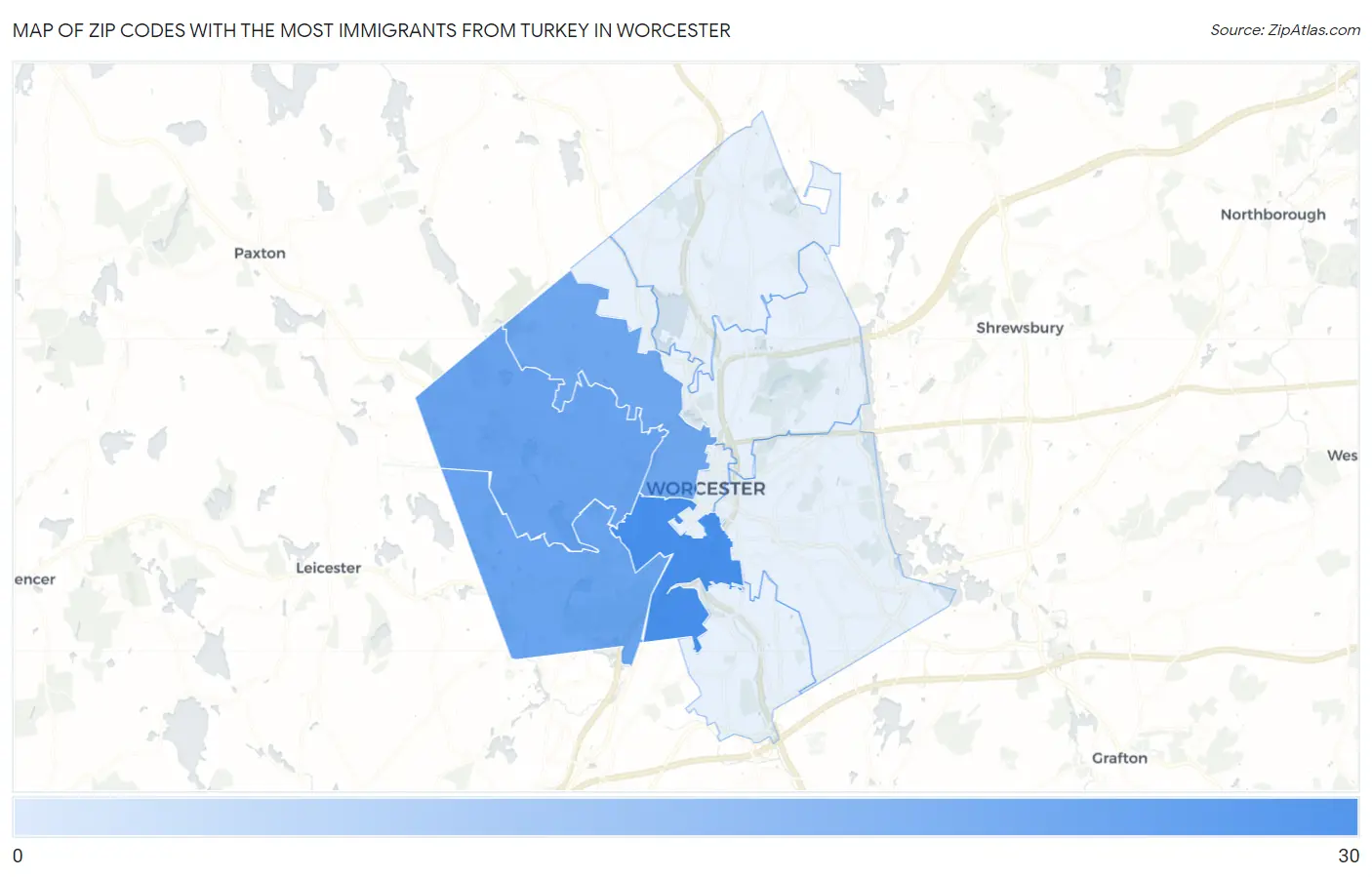 Zip Codes with the Most Immigrants from Turkey in Worcester Map
