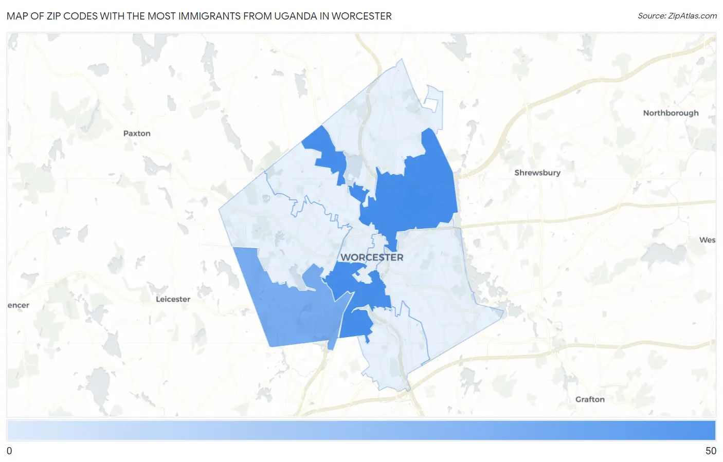 Zip Codes with the Most Immigrants from Uganda in Worcester Map