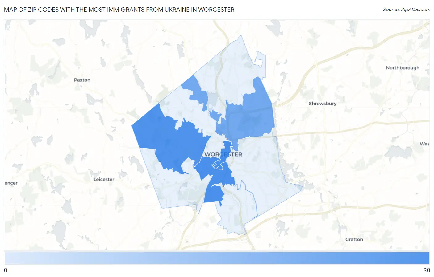 Zip Codes with the Most Immigrants from Ukraine in Worcester Map