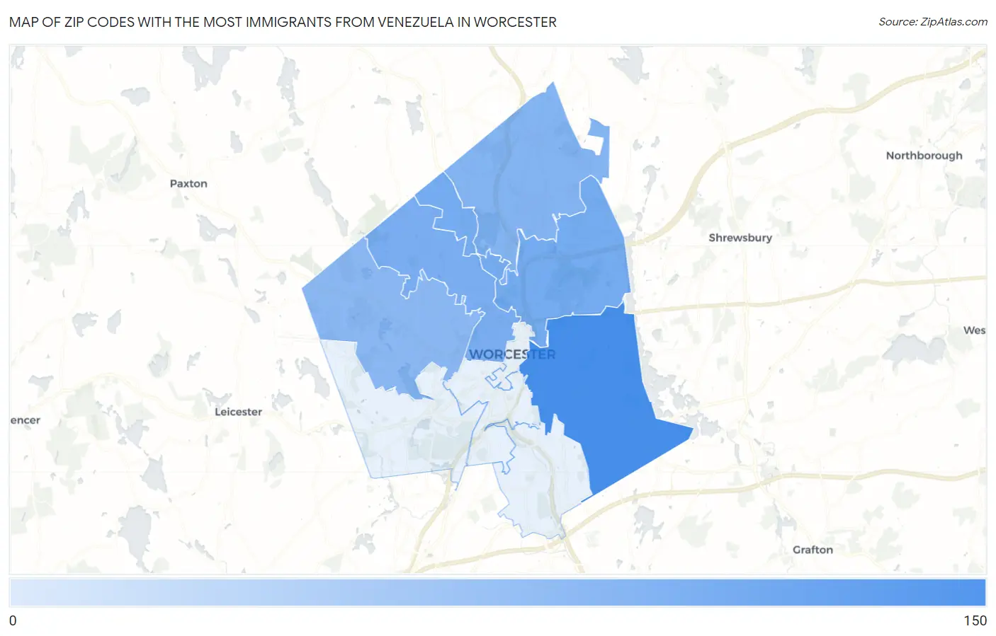 Zip Codes with the Most Immigrants from Venezuela in Worcester Map
