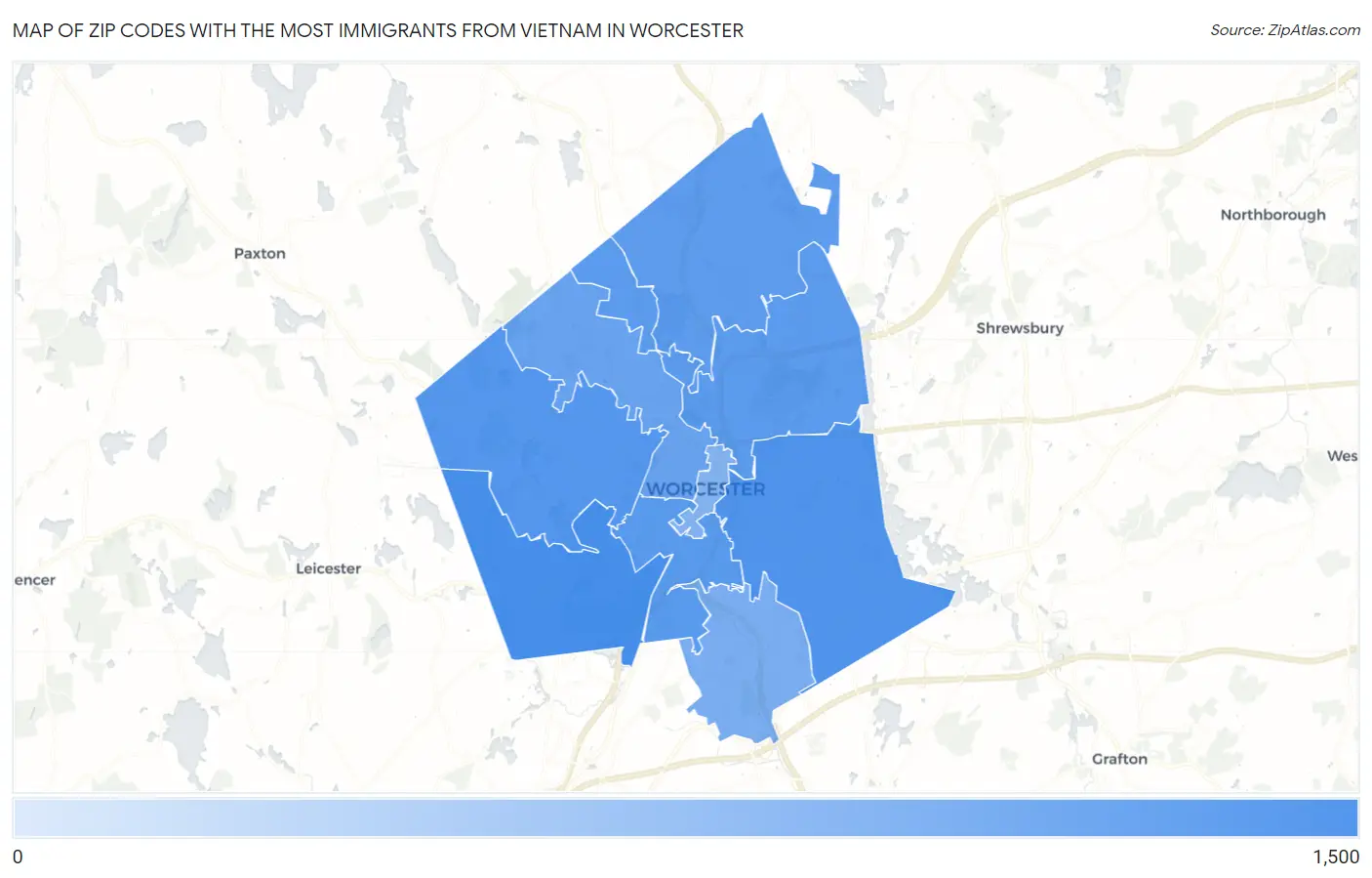 Zip Codes with the Most Immigrants from Vietnam in Worcester Map