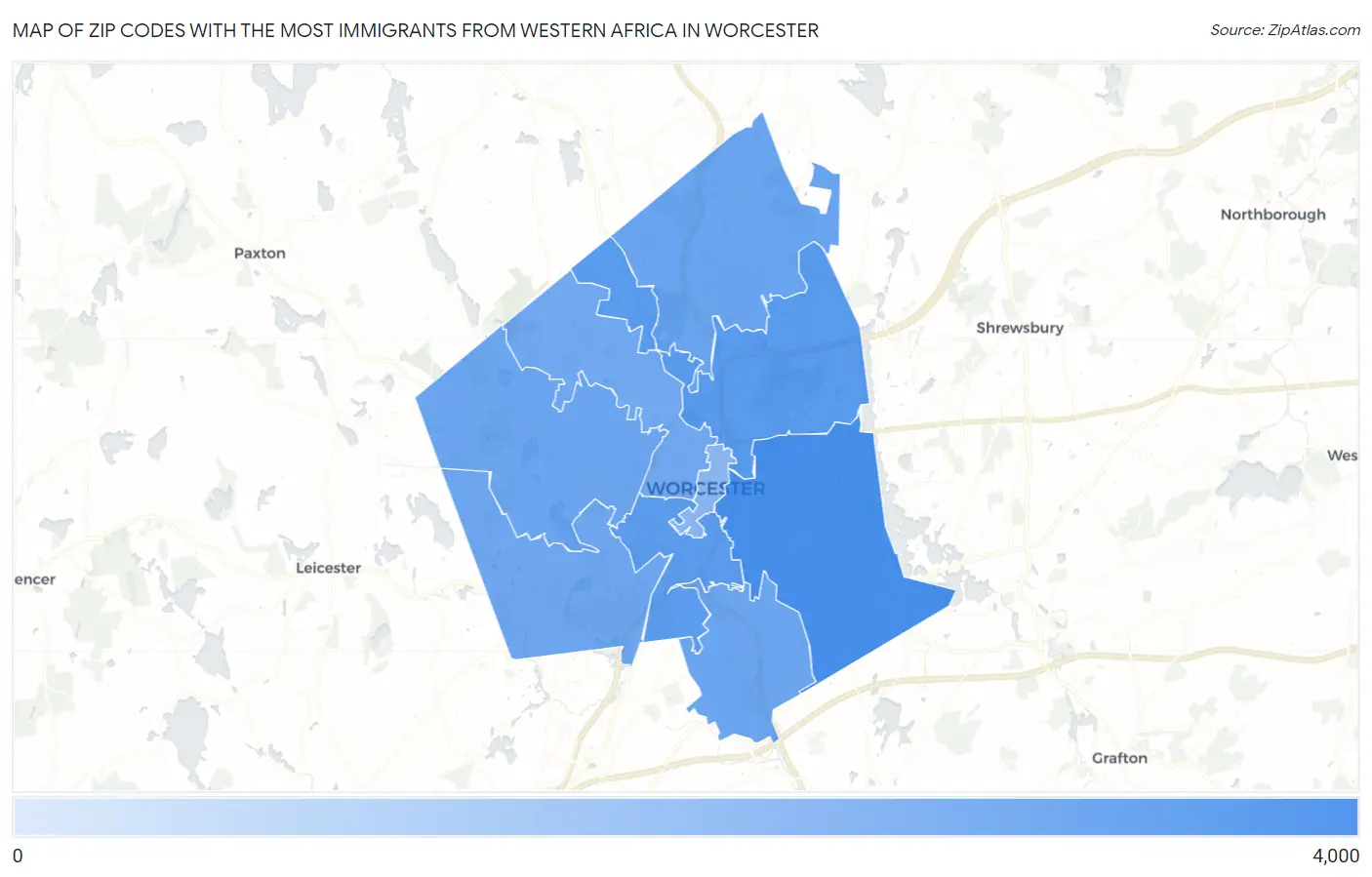 Zip Codes with the Most Immigrants from Western Africa in Worcester Map