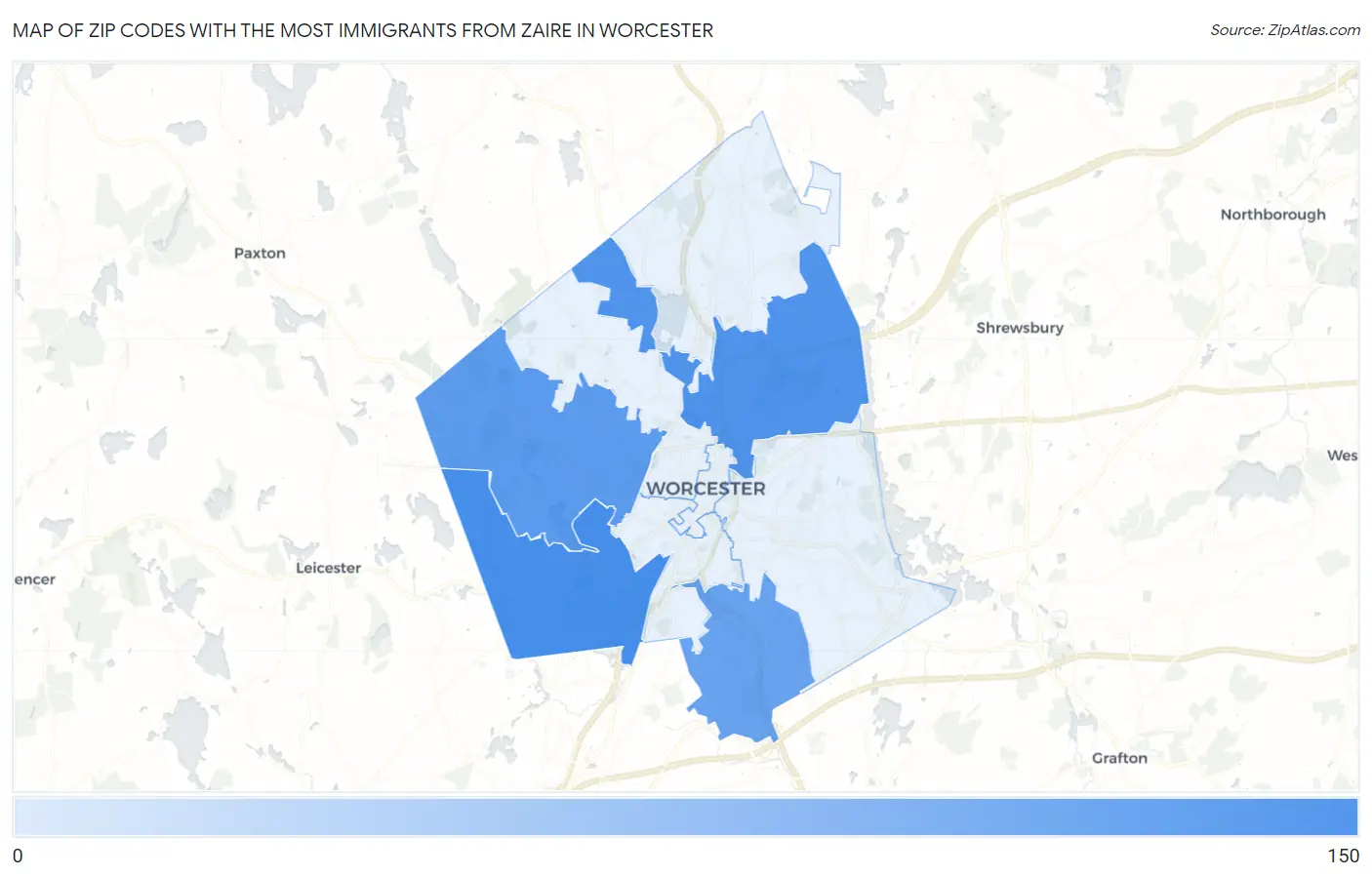 Zip Codes with the Most Immigrants from Zaire in Worcester Map