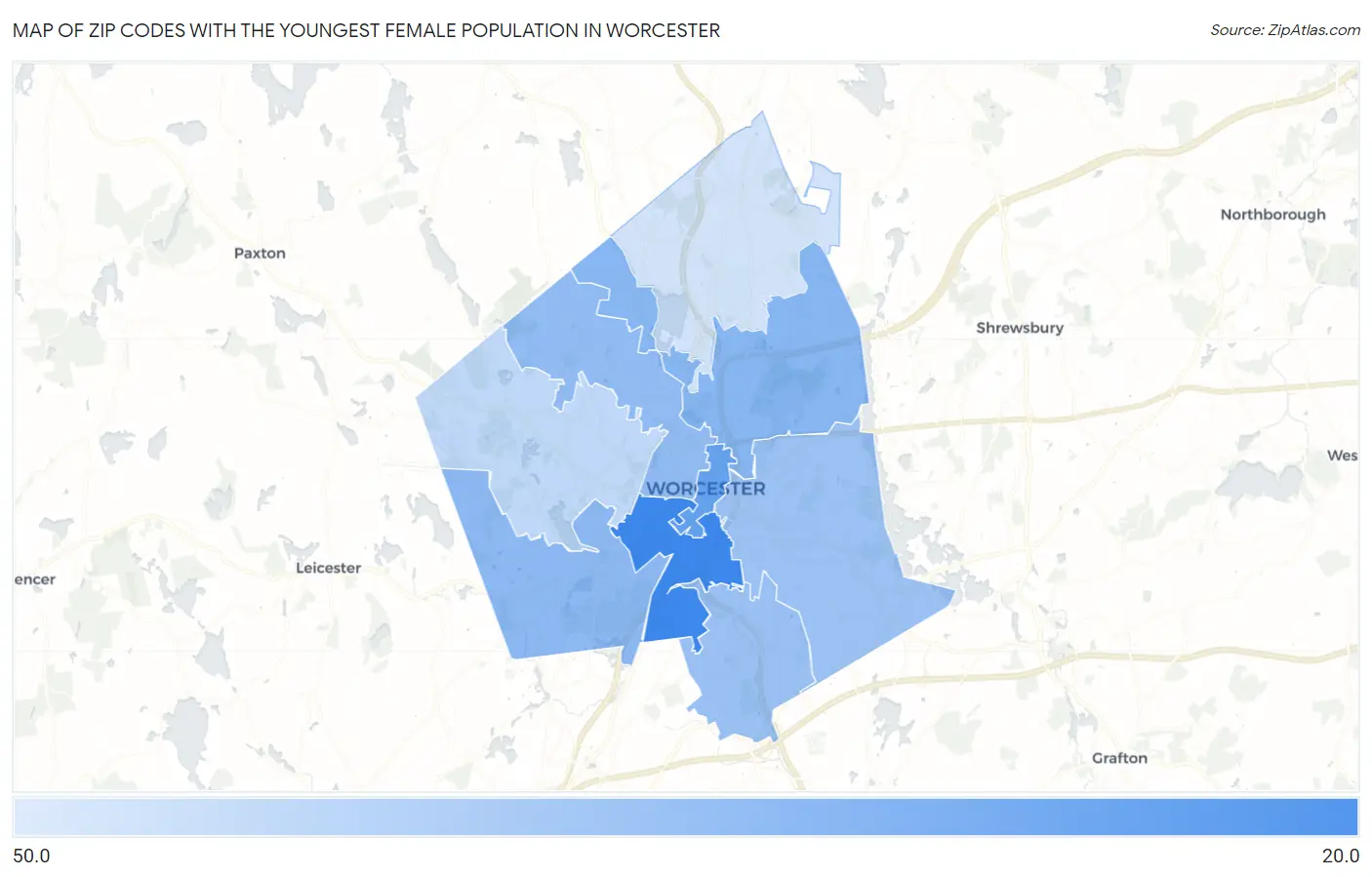 Zip Codes with the Youngest Female Population in Worcester Map
