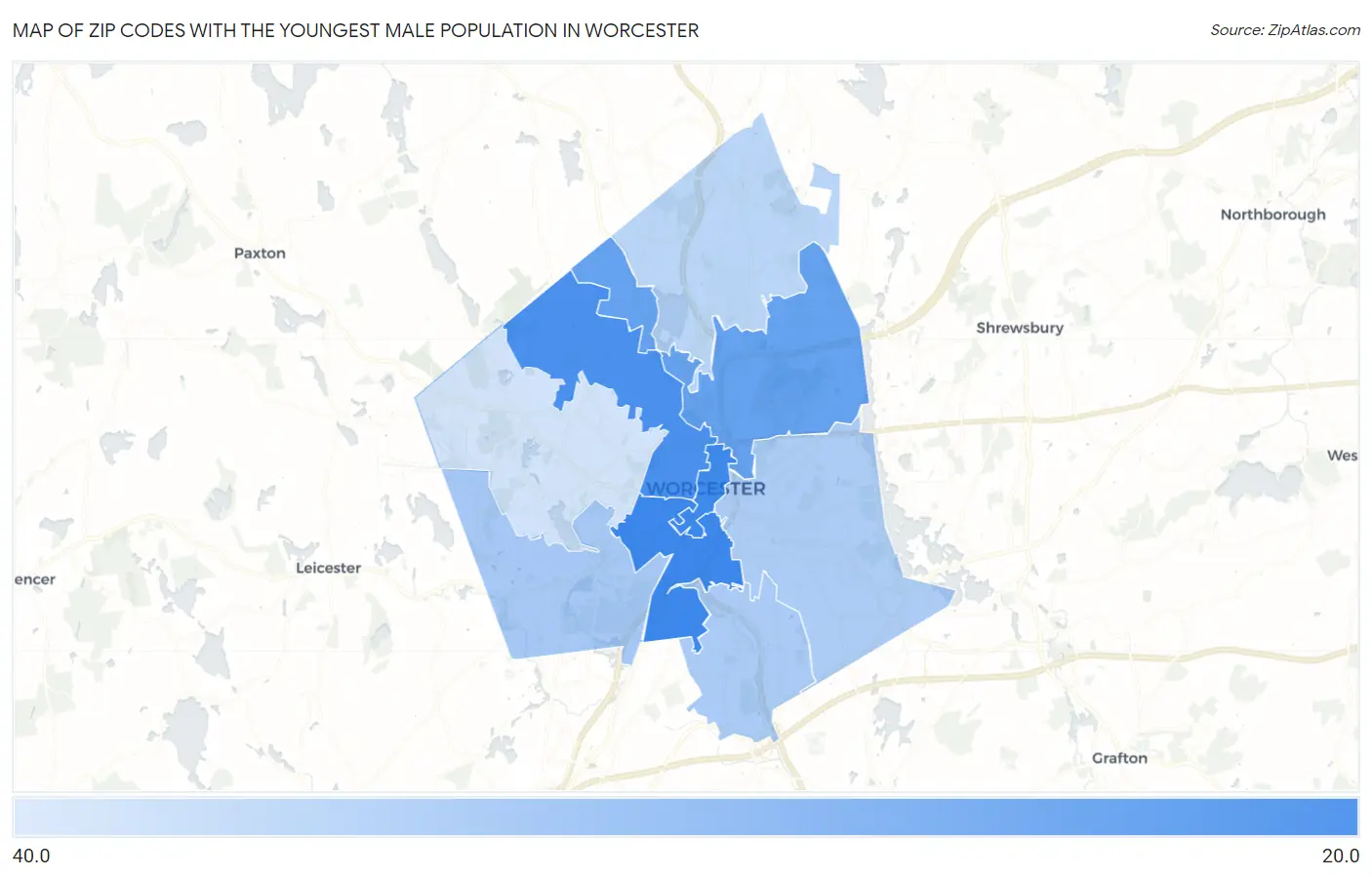 Zip Codes with the Youngest Male Population in Worcester Map