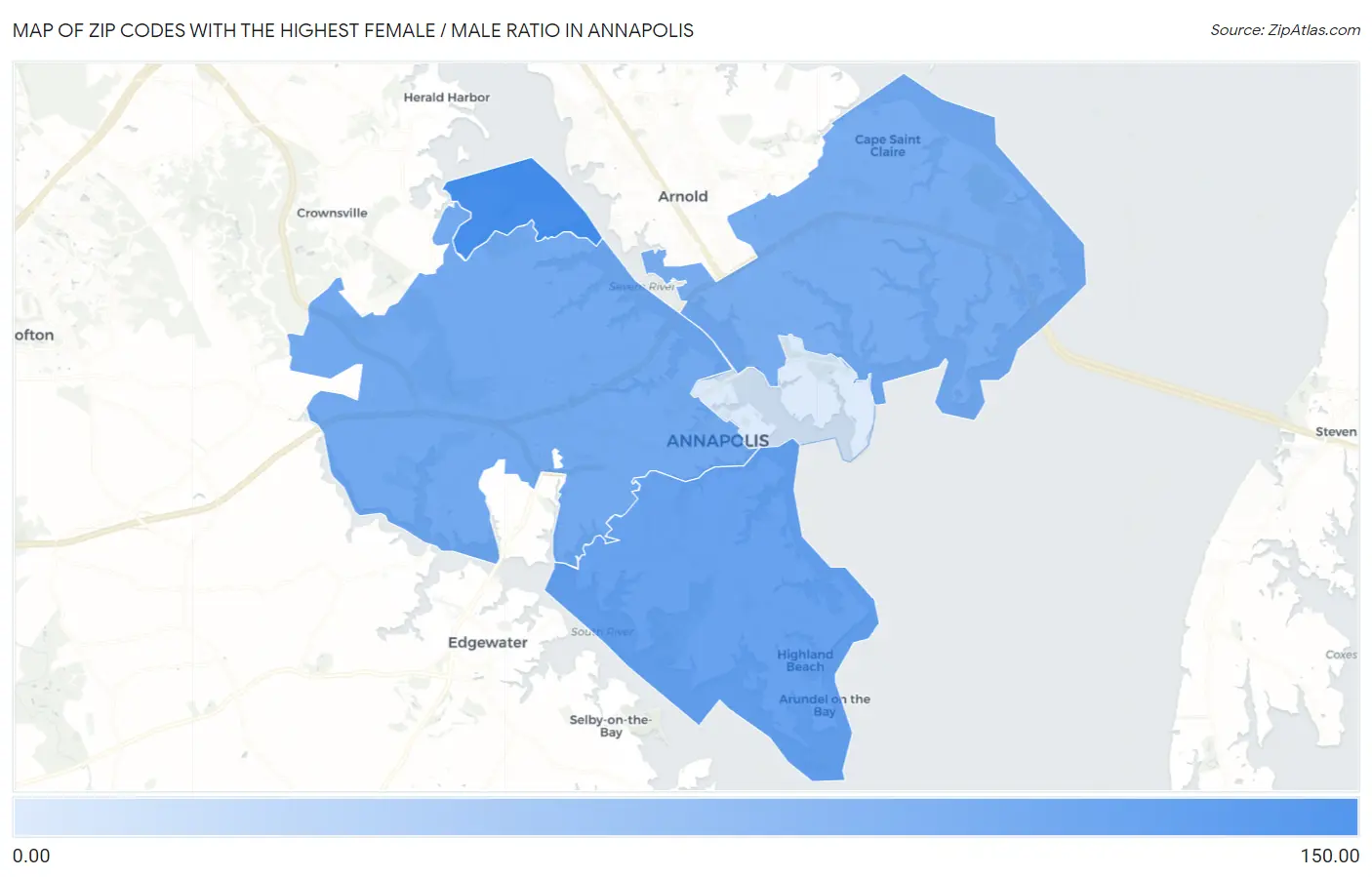 Zip Codes with the Highest Female / Male Ratio in Annapolis Map