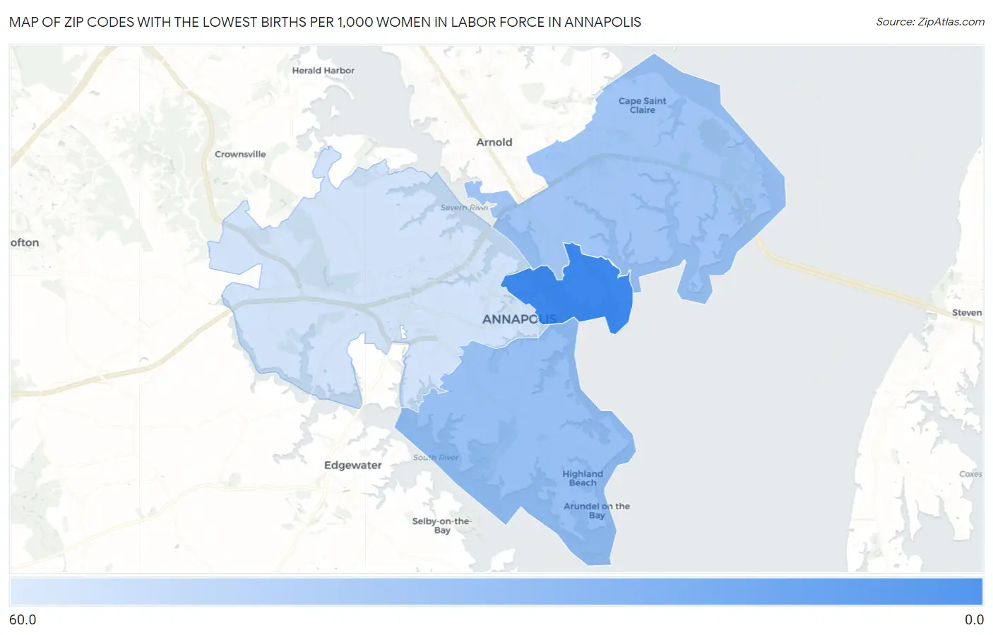 Zip Codes with the Lowest Births per 1,000 Women in Labor Force in Annapolis Map