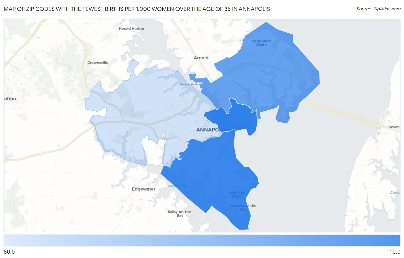 Zip Codes with the Fewest Births per 1,000 Women Over the Age of 35 in Annapolis Map
