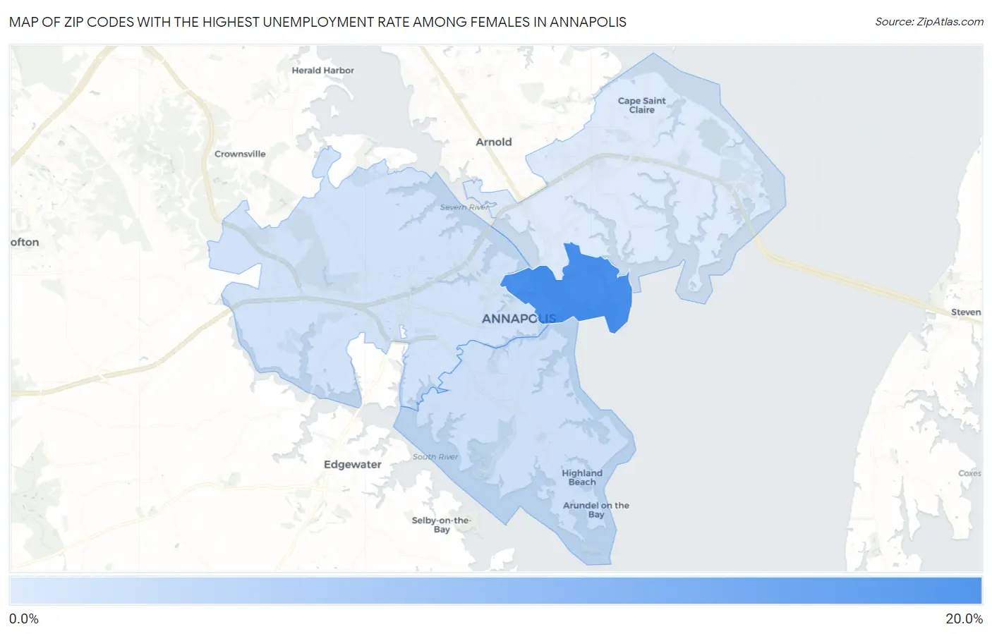 Zip Codes with the Highest Unemployment Rate Among Females in Annapolis Map