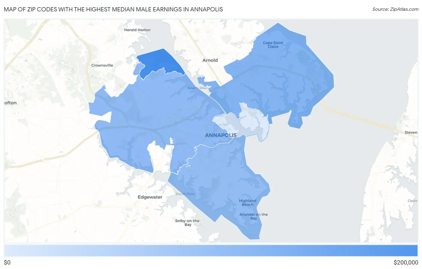 Zip Codes with the Highest Median Male Earnings in Annapolis Map
